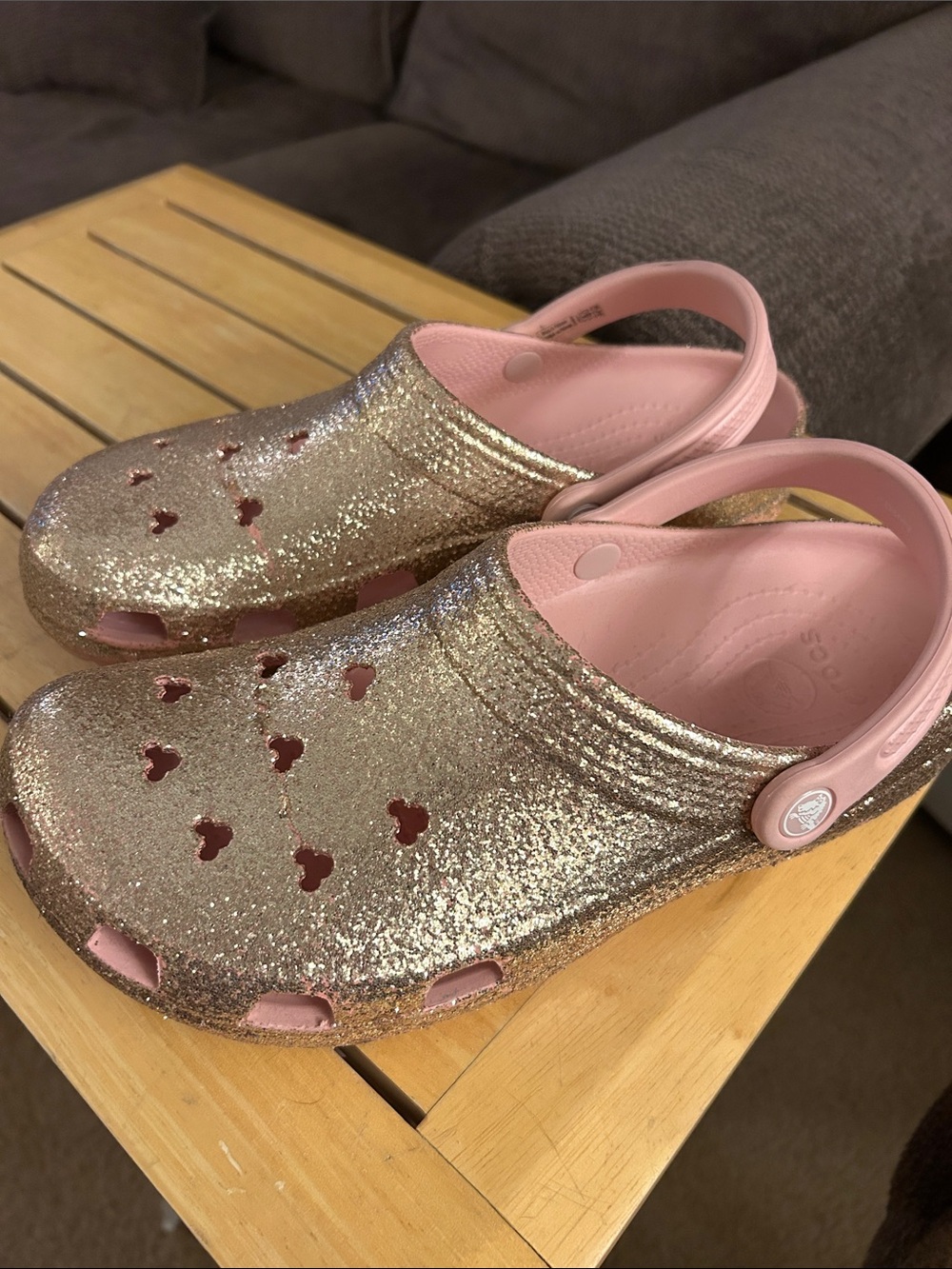 CROCS Rose Gold Disney Mickey Glitter Clogs with Pink Lining